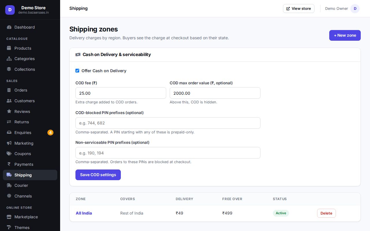 Shipping zones and delivery charges